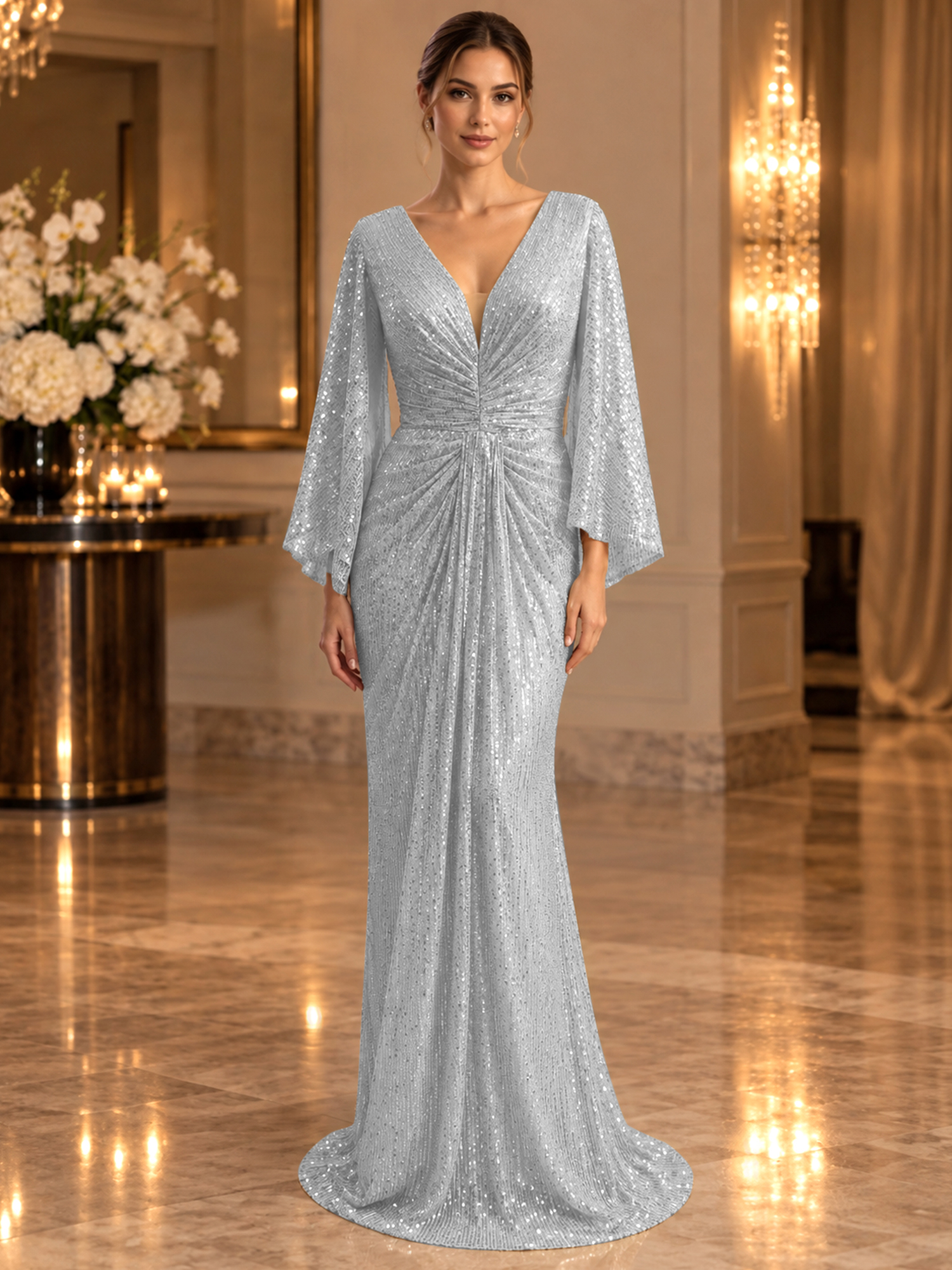 Gold Sequined V Neck Flare Sleeve Mermaid Maxi Dress