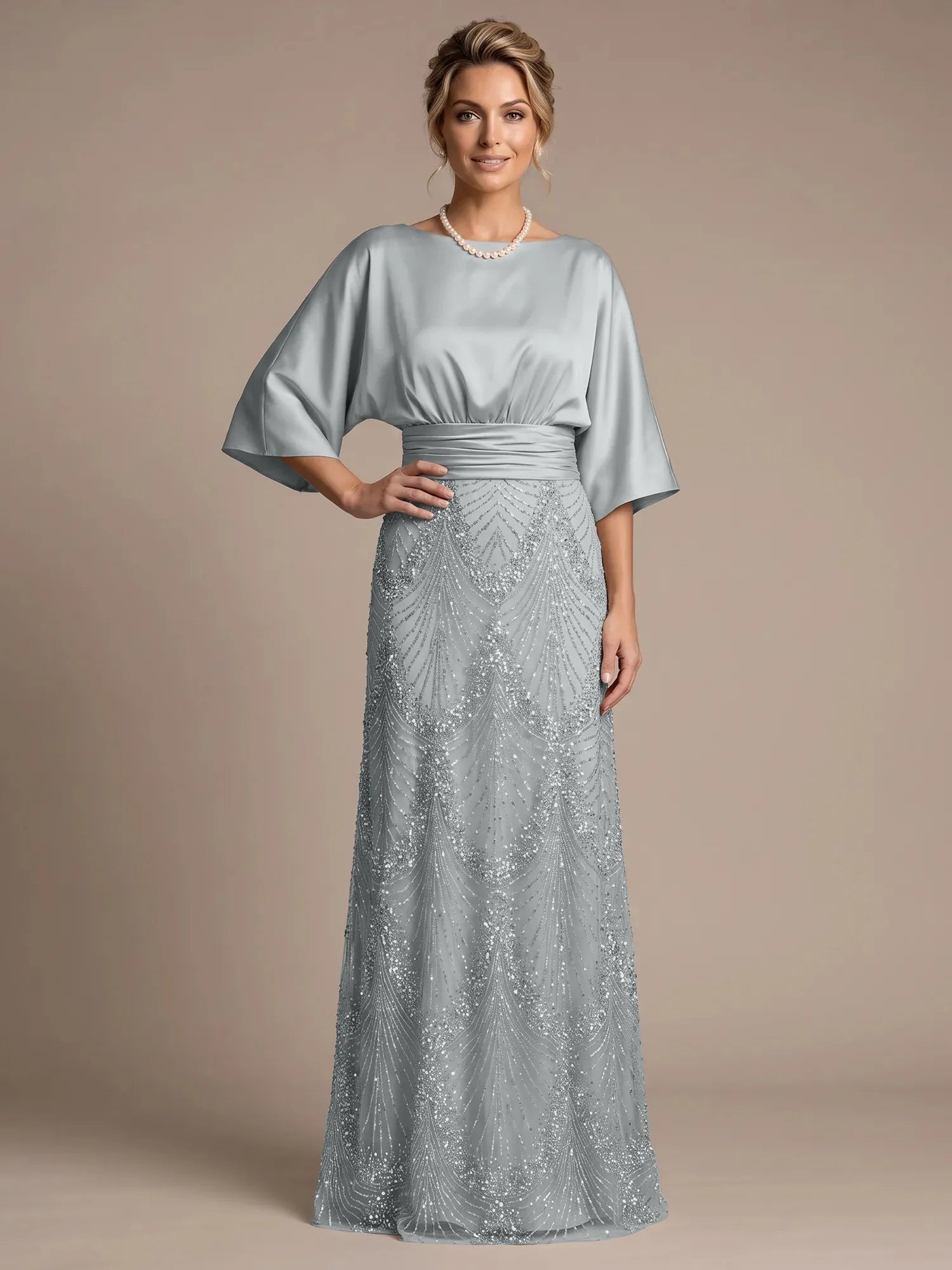 Champagne Bateau Neck Satin 3/4 Batwing Sleeves Maxi Dress