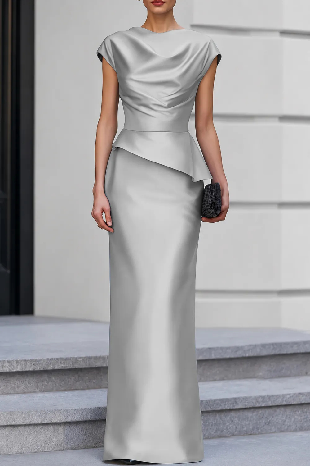 Navy Blue Cap Sleeve Satin Cowl Neck Peplum Maxi Dress