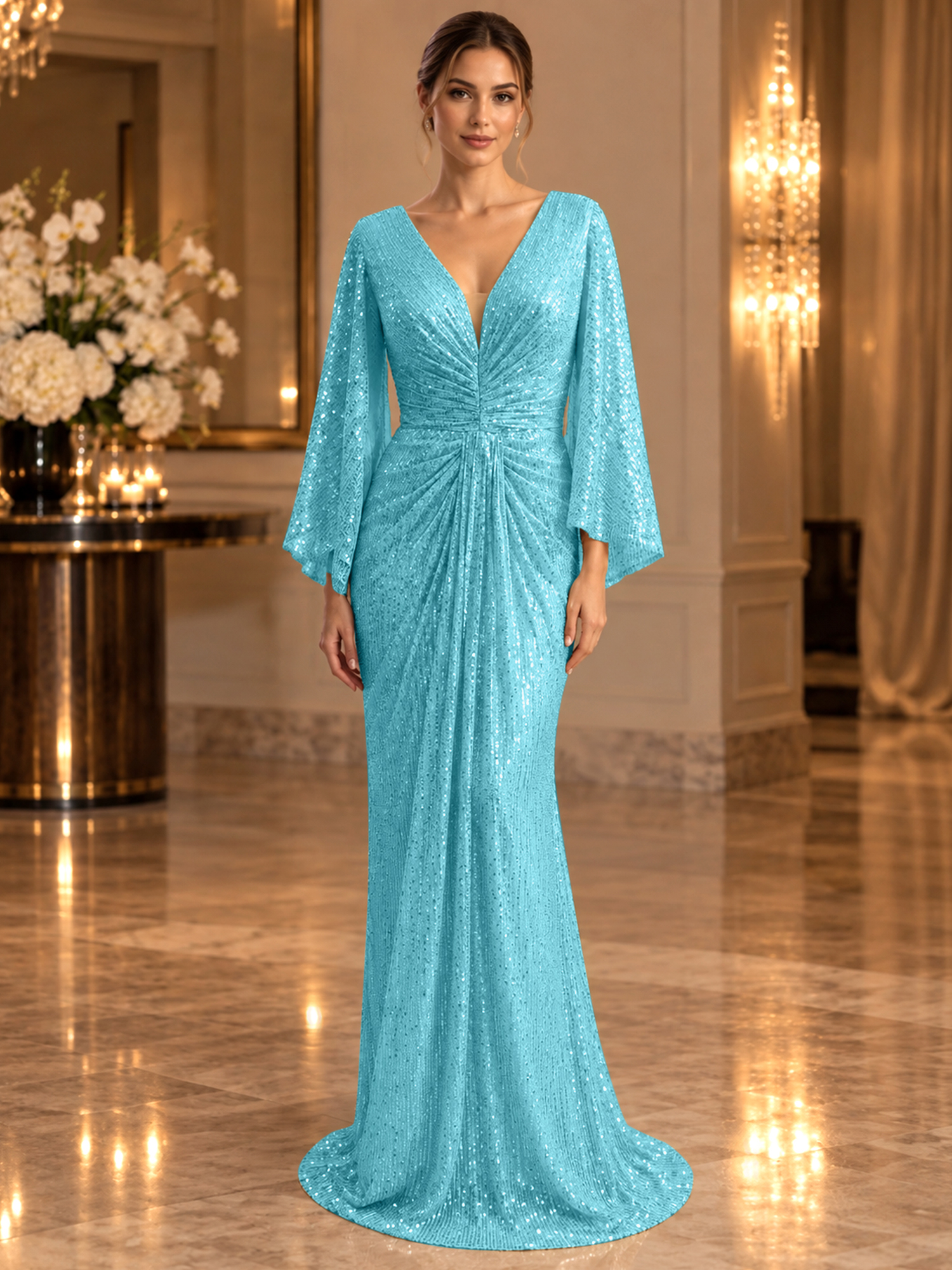 Gold Sequined V Neck Flare Sleeve Mermaid Maxi Dress