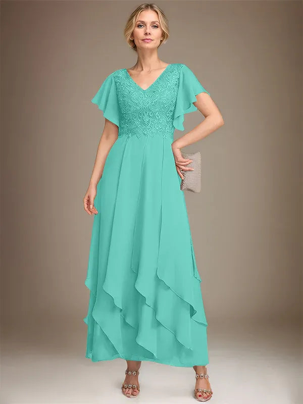 A-line V-Neck Ankle-Length Lace Chiffon Mother of the Bride Dress With Cascading Ruffles