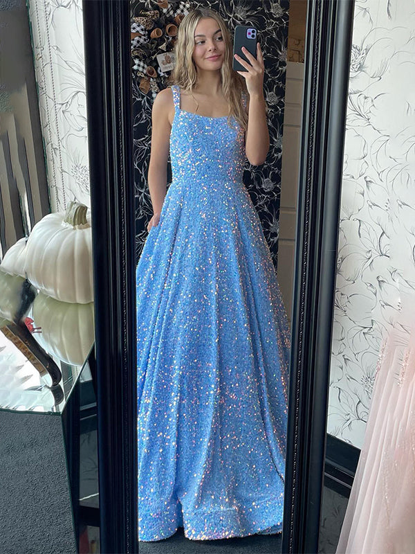 Sparkly Blue A Line Square Neck Spaghetti Straps Long Prom Dress