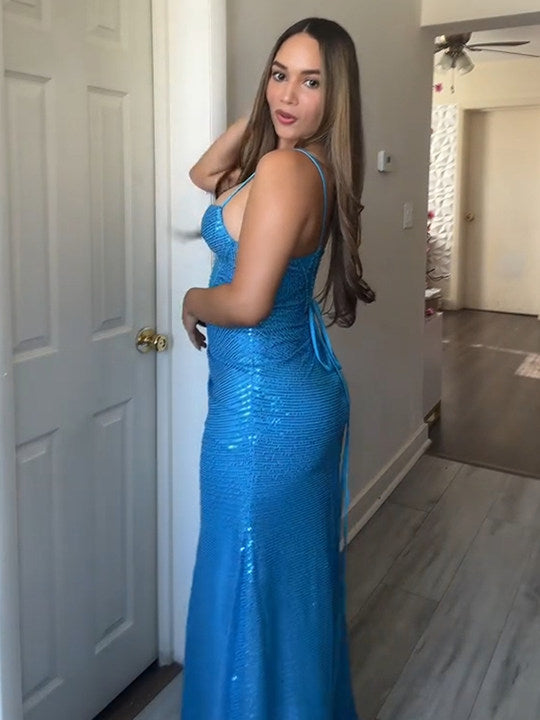 Sparkly Red Mermaid Spaghetti Straps Long Prom Dresses with Slit