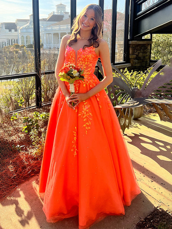Sparkly Orange A-Line Corset Sweetheart Long Prom Dress with Appliques