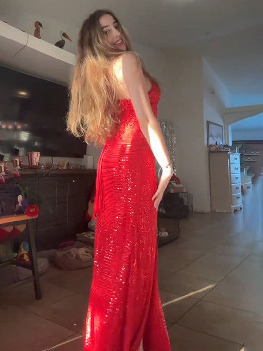 Sparkly Red Mermaid Spaghetti Straps Long Prom Dresses with Slit