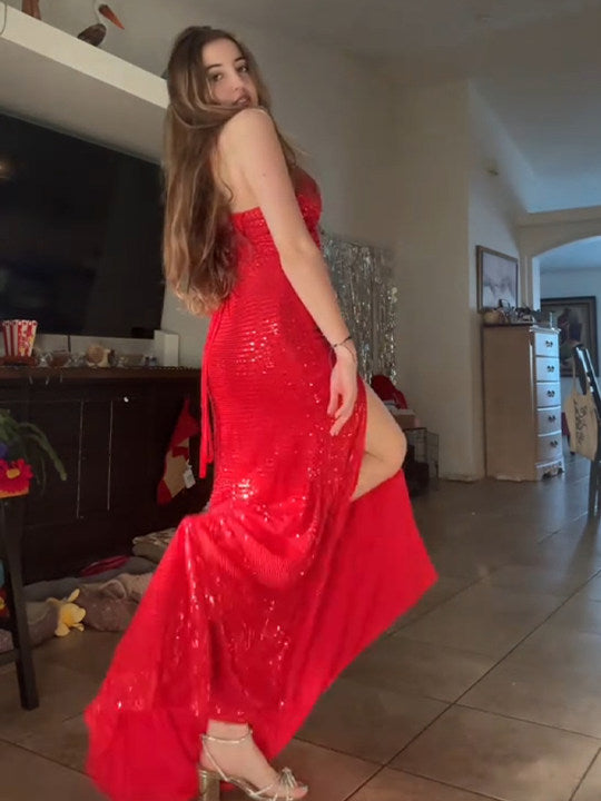 Sparkly Red Mermaid Spaghetti Straps Long Prom Dresses with Slit