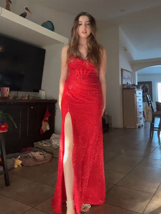Sparkly Red Mermaid Spaghetti Straps Long Prom Dresses with Slit