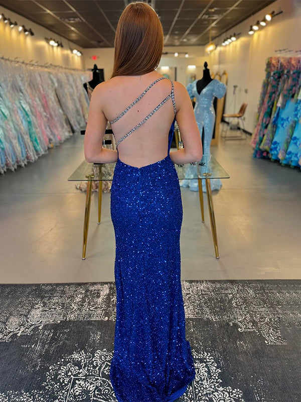 Sparkly Royal Blue One Shoulder Keyhole Long Prom Dress with Slit