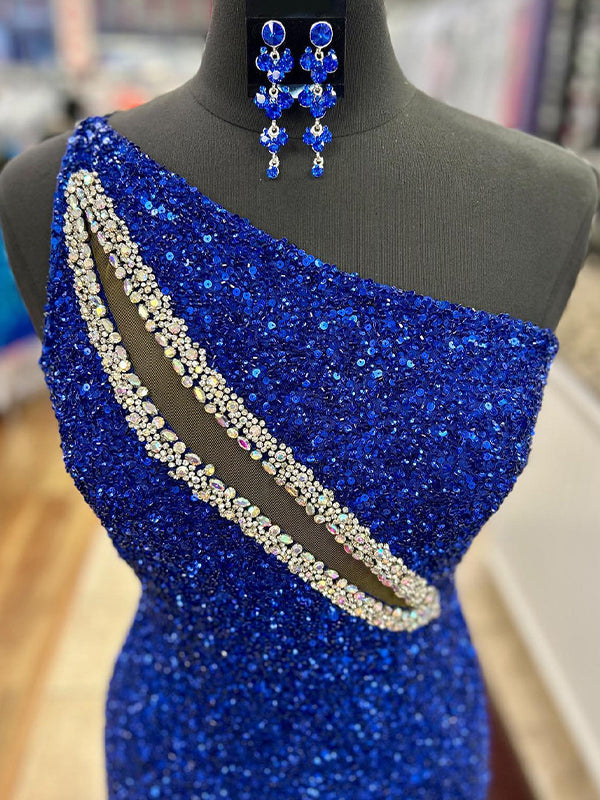 Sparkly Royal Blue One Shoulder Keyhole Long Prom Dress with Slit
