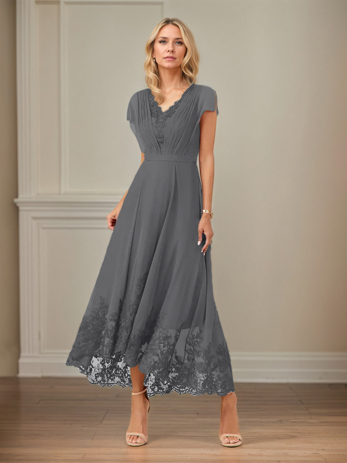 A Line V Neck Flutter Sleeve Ankle Length Chiffon Dress With Appliques