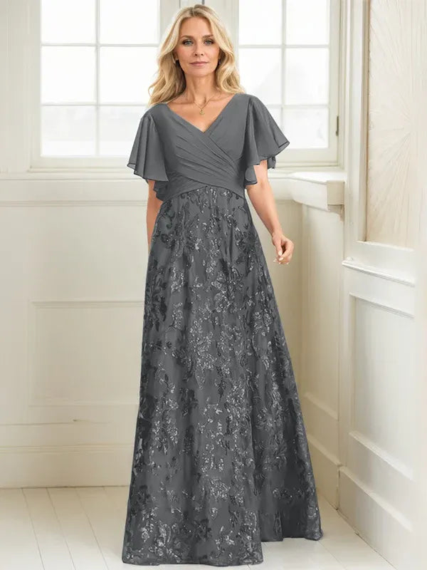 A-line V-Neck Floor-Length Lace Sequin Chiffon Mother of the Bride Dress With Pleated