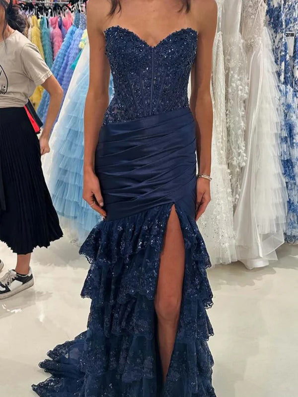 Red Mermaid Strapless Long Satin Prom Dress with Tiered Ruffle Skirt