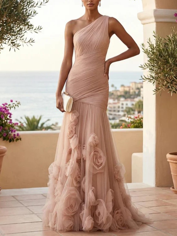 Sweetheart Tulle Pleat One Shoulder Mermaid Evening Dresses Gown with 3D Flower