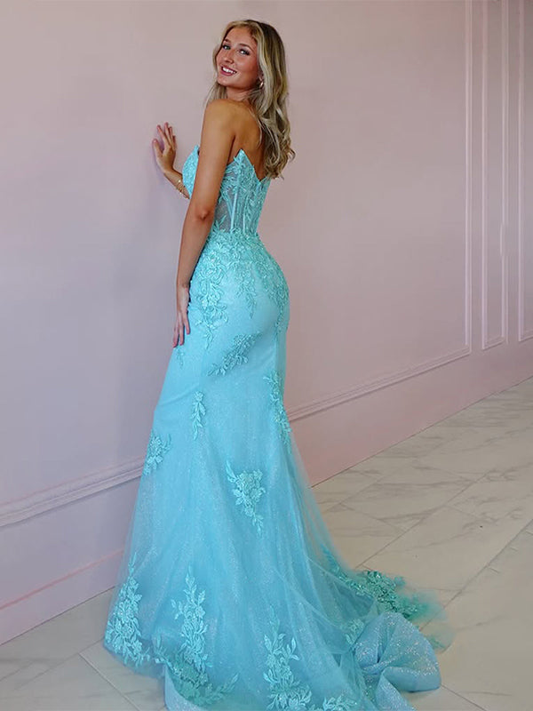 Light Blue Mermaid Strapless Corset Lace Long Prom Dress with Appliques