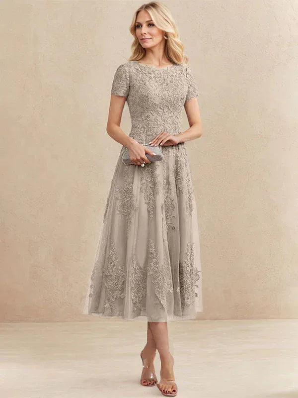 A-line Scoop Tea-Length Tulle Lace Mother of the Bride Dress