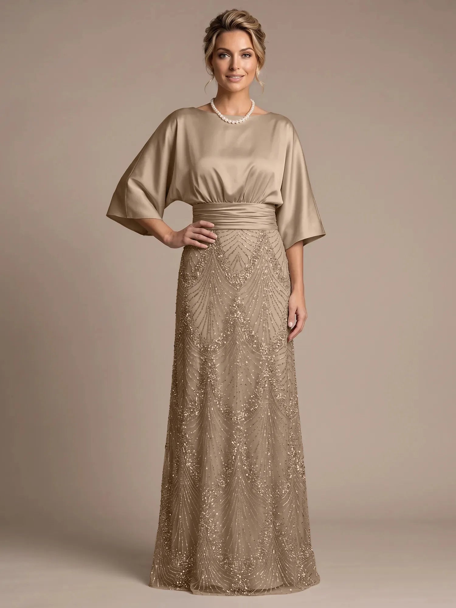 Champagne Bateau Neck Satin 3/4 Batwing Sleeves Maxi Dress