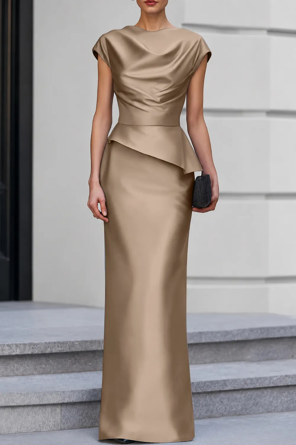 Navy Blue Cap Sleeve Satin Cowl Neck Peplum Maxi Dress