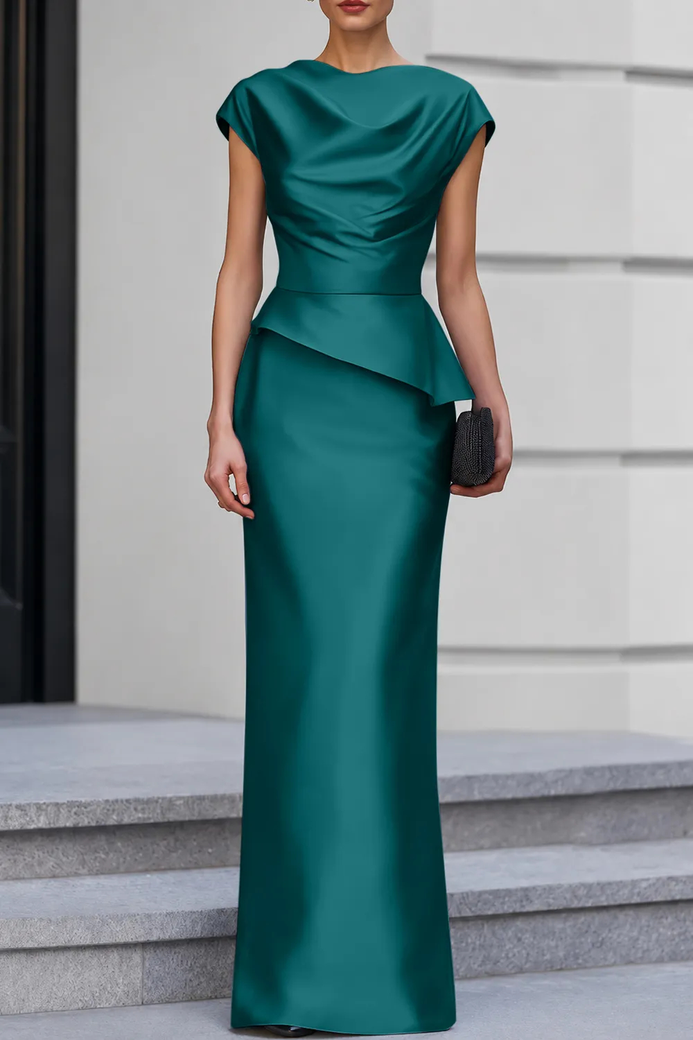 Navy Blue Cap Sleeve Satin Cowl Neck Peplum Maxi Dress