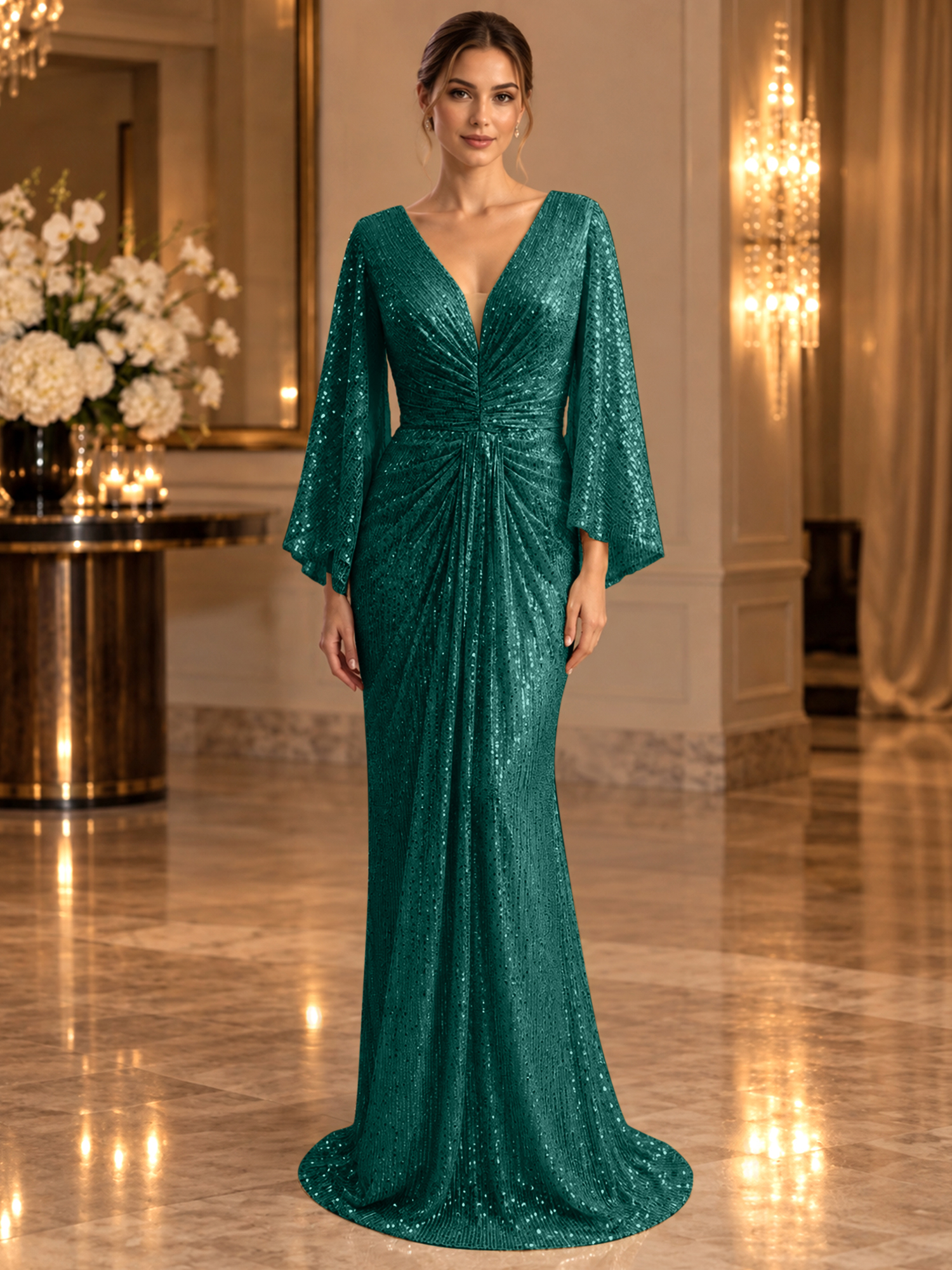 Gold Sequined V Neck Flare Sleeve Mermaid Maxi Dress