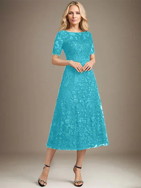 A-line Scoop Illusion Tea-Length Lace Mother of the Bride Dress With Sequins