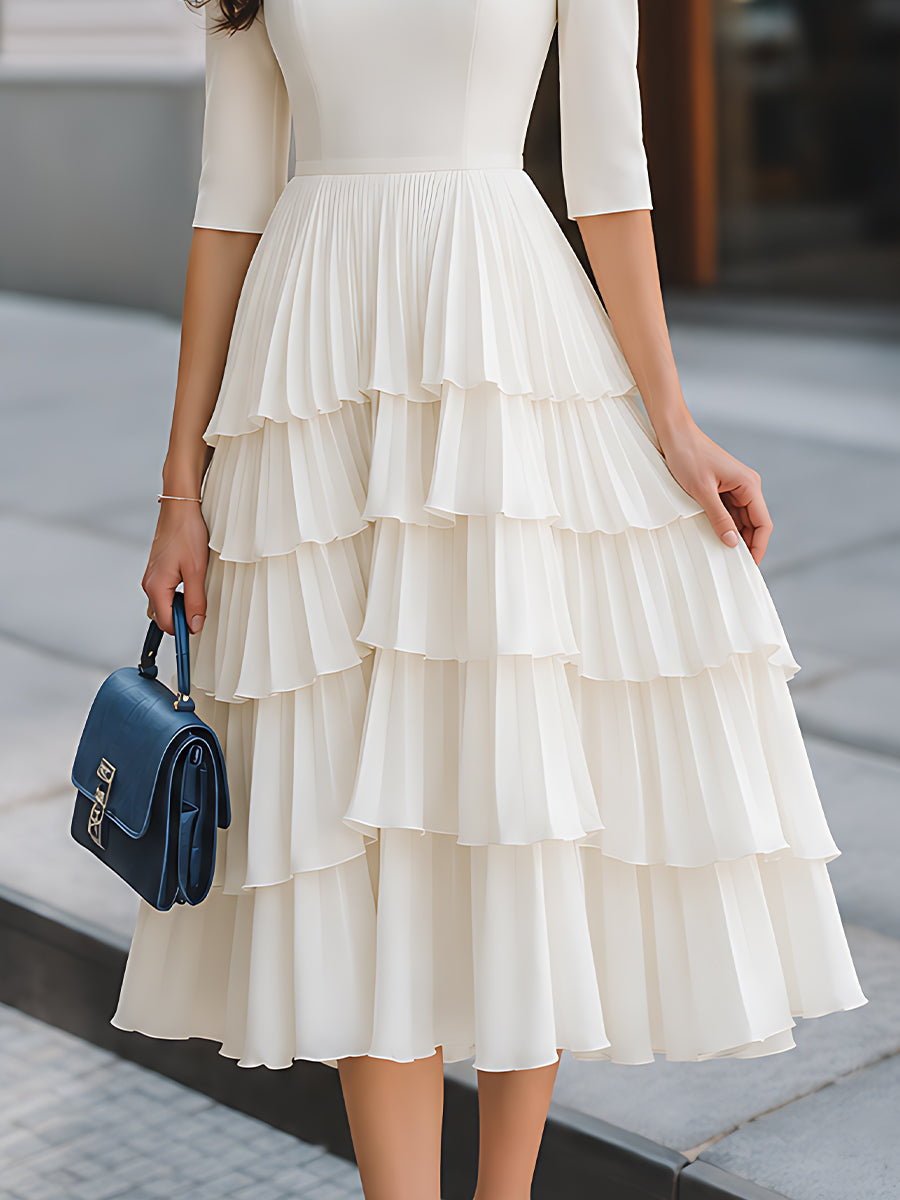 Lace-Yoke Tiered Ruffle Midi Dress