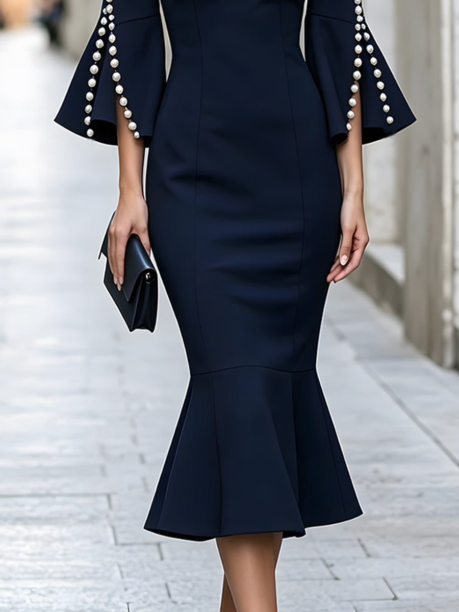 Pearl-Trim Bell Sleeve Mermaid Midi Dress