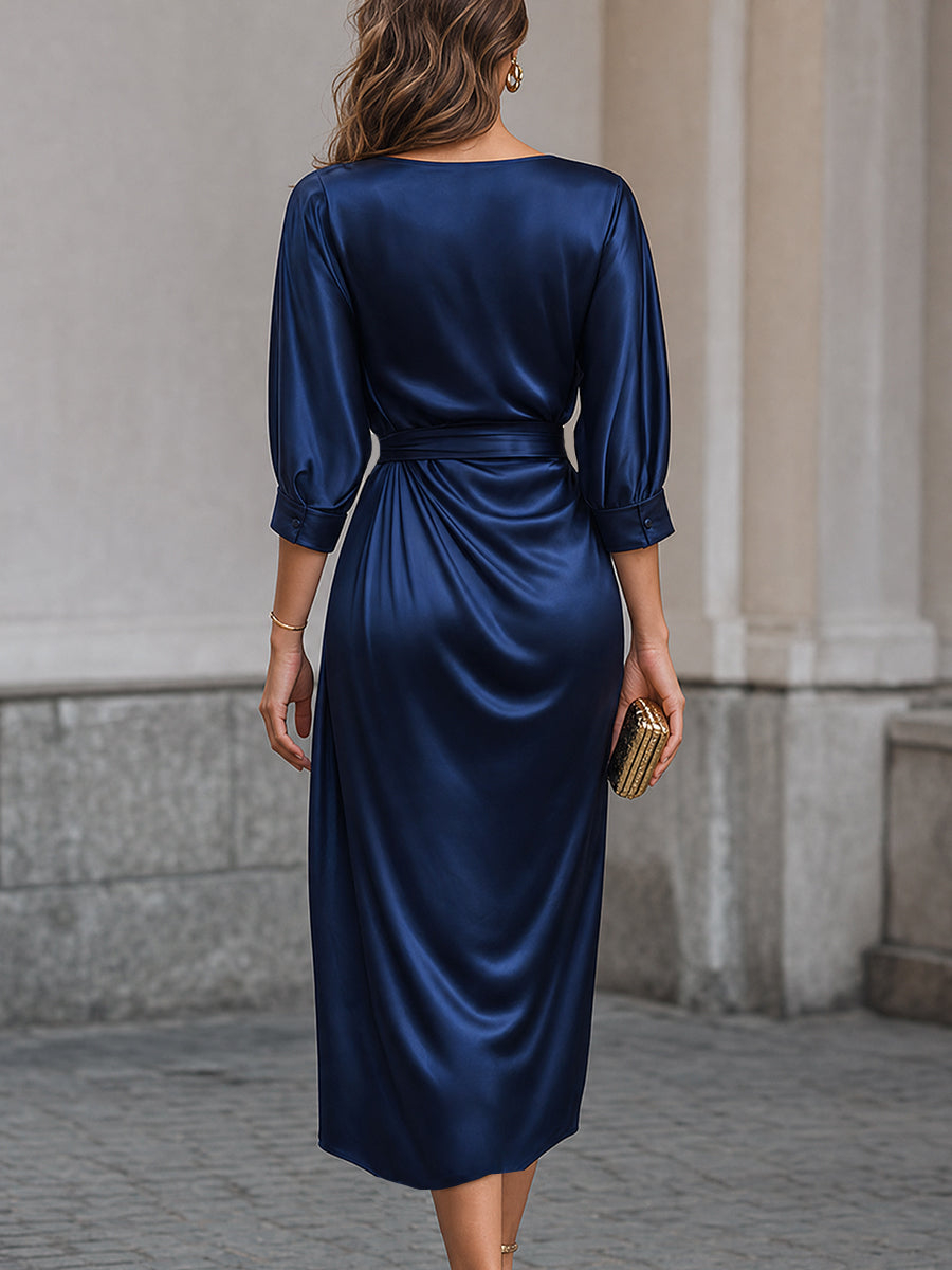 Draped Satin Gold Buckle Midi Dress