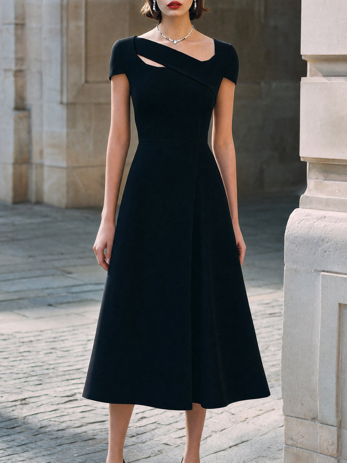 Black Asymmetric Cutout Bodice Midi Dress