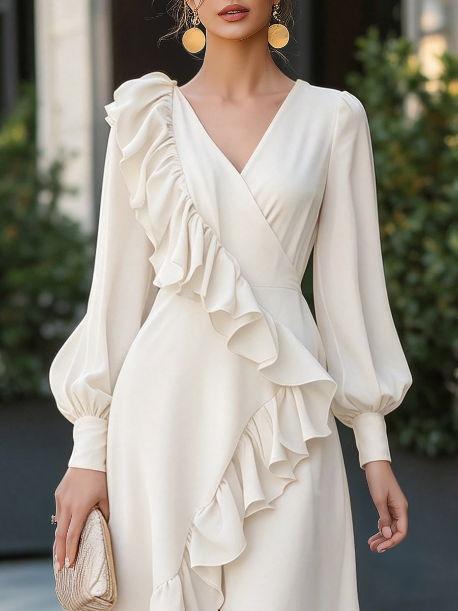 Ruffle-Trim Asymmetric High-Low Midi Dress