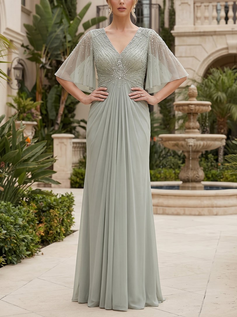 Sage Beaded Flutter Sleeve V Back Chiffon Maxi Dress