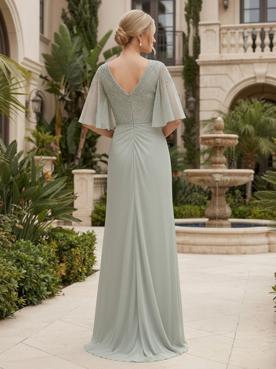 Sage Beaded Flutter Sleeve V Back Chiffon Maxi Dress