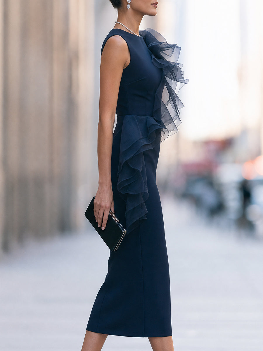 Navy Blue Sleeveless Asymmetrical Tulle Ruffle Midi Sheath Dress