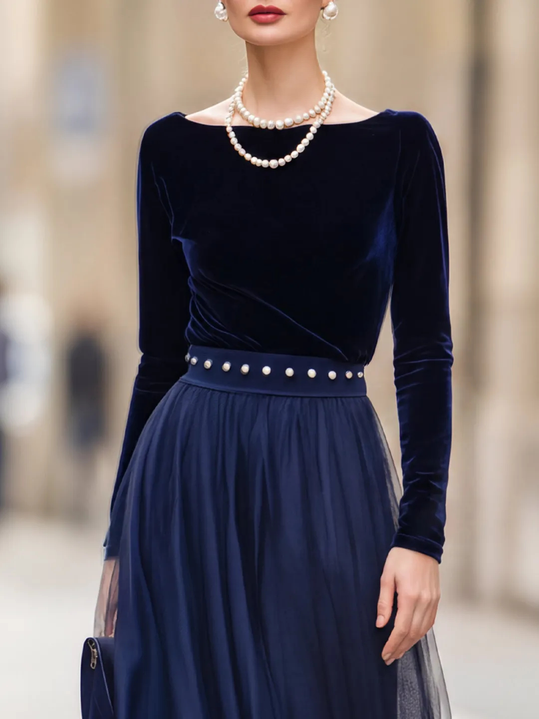 Navy Blue Velvet Long Sleeve Pearl Waist Tulle Maxi Dress