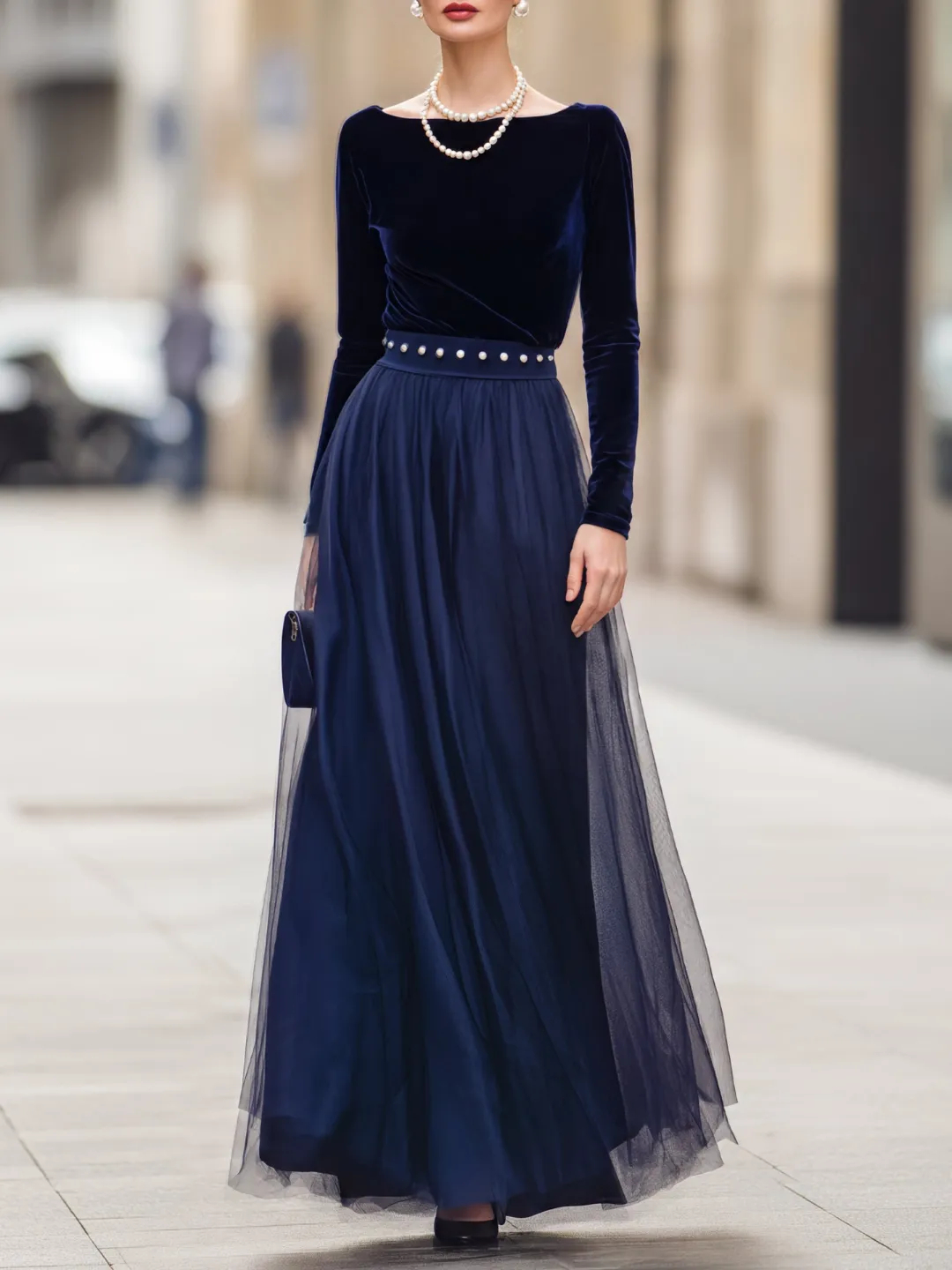 Navy Blue Velvet Long Sleeve Pearl Waist Tulle Maxi Dress