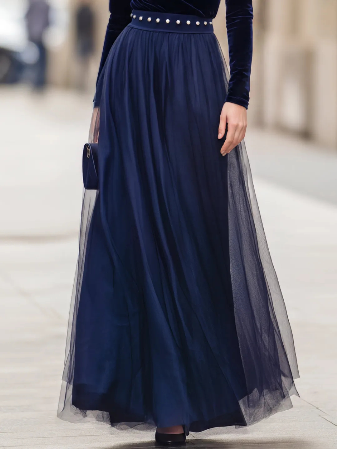Navy Blue Velvet Long Sleeve Pearl Waist Tulle Maxi Dress