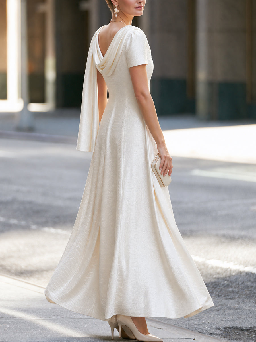 Ivory Cowl Neck Short Sleeve Drape Satin A Line Maxi Dress