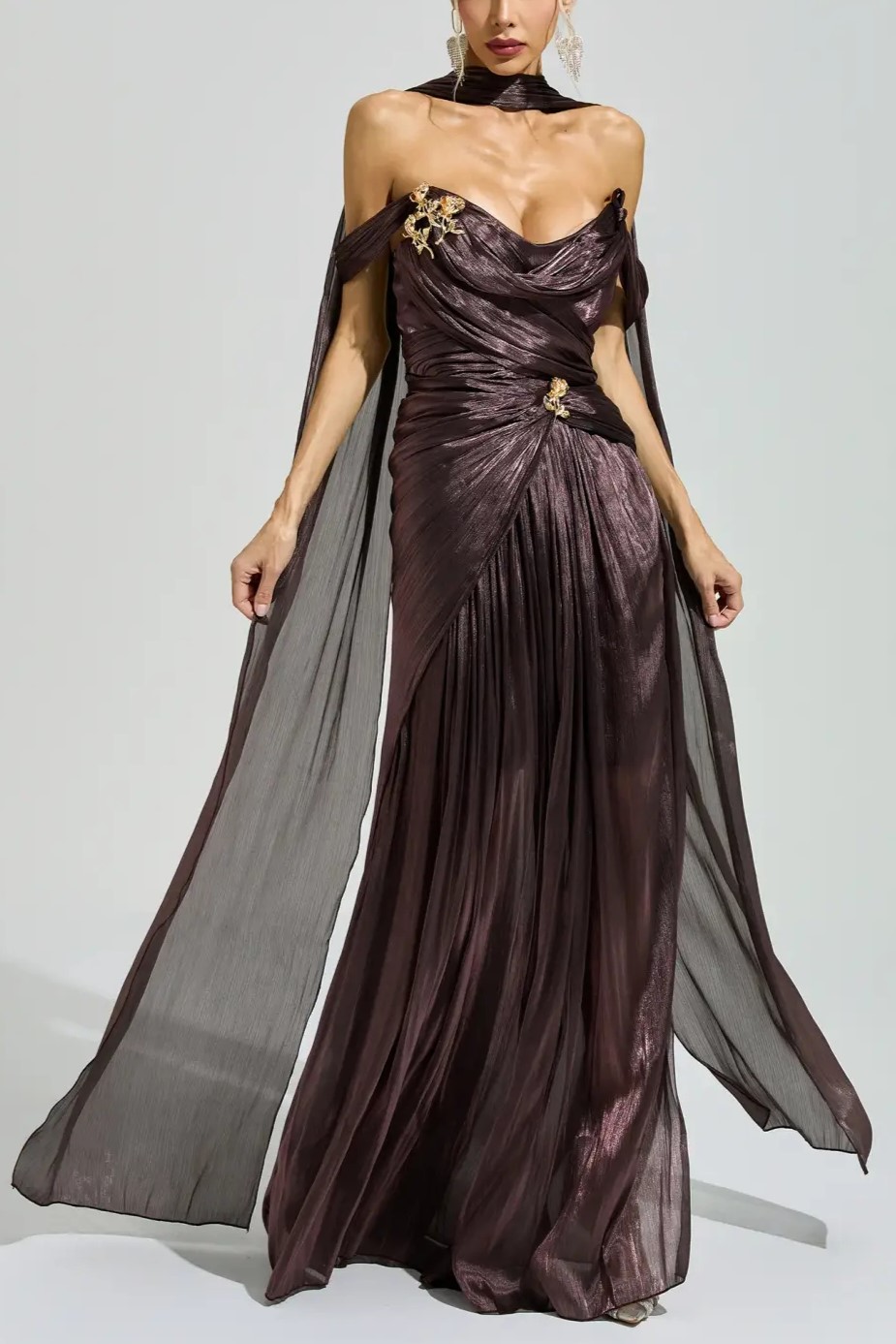 Metallic Brown Off Shoulder Floral Brooch Cape Pleated Maxi Dress