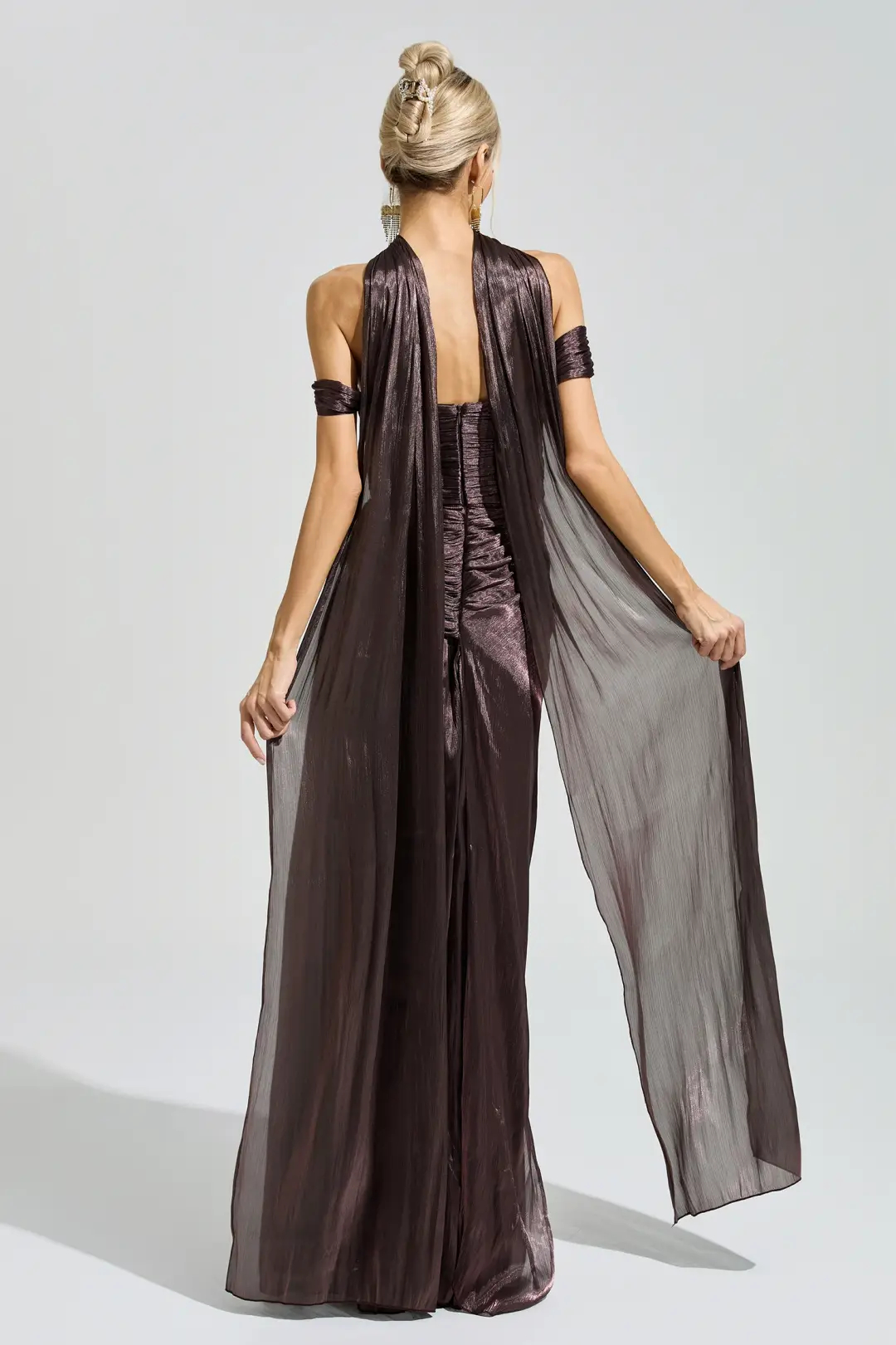 Metallic Brown Off Shoulder Floral Brooch Cape Pleated Maxi Dress