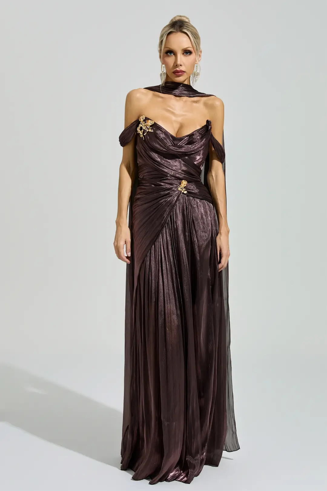 Metallic Brown Off Shoulder Floral Brooch Cape Pleated Maxi Dress