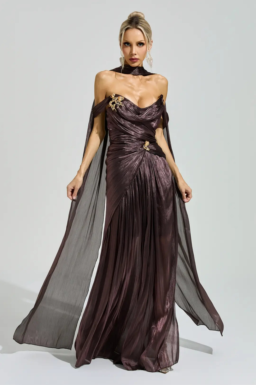Metallic Brown Off Shoulder Floral Brooch Cape Pleated Maxi Dress