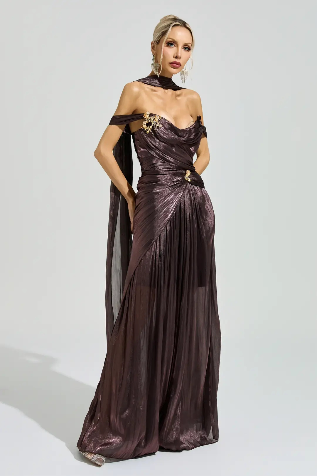 Metallic Brown Off Shoulder Floral Brooch Cape Pleated Maxi Dress