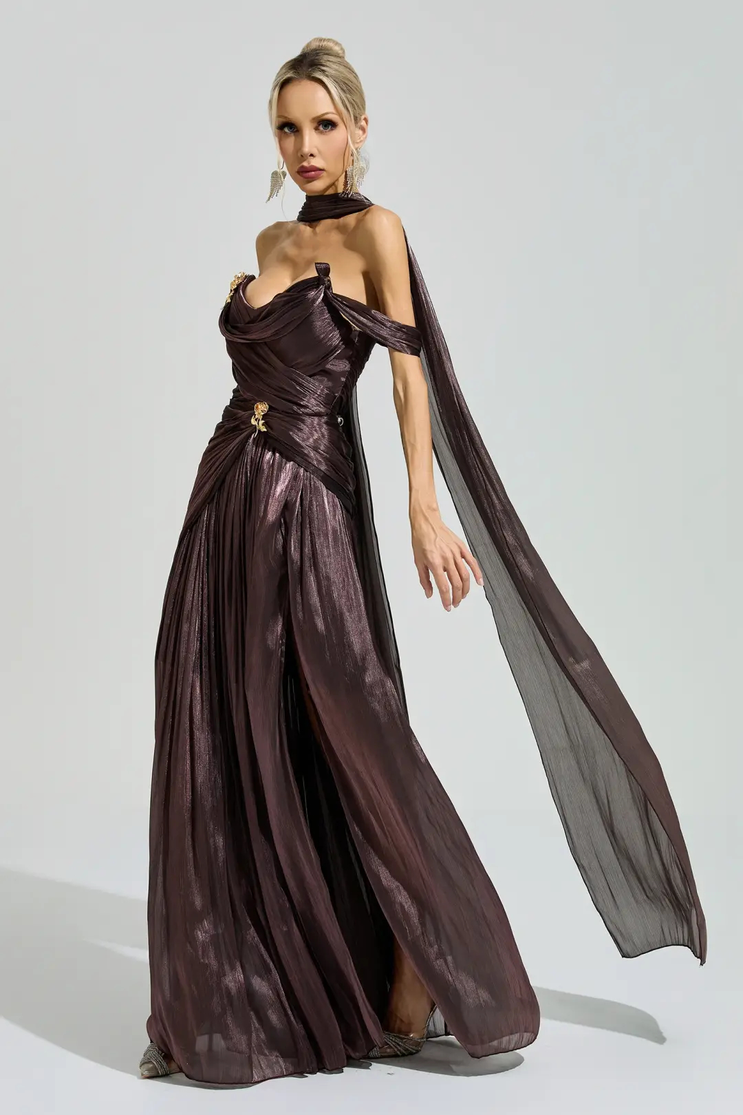 Metallic Brown Off Shoulder Floral Brooch Cape Pleated Maxi Dress
