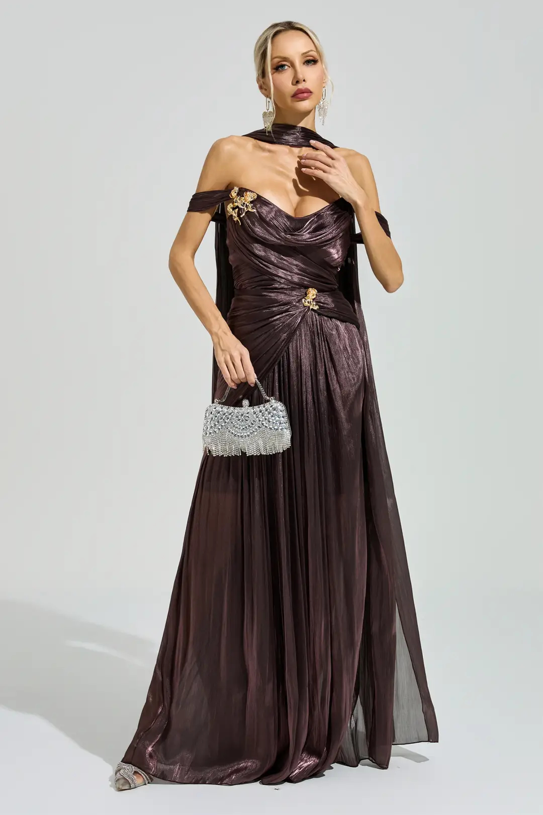 Metallic Brown Off Shoulder Floral Brooch Cape Pleated Maxi Dress