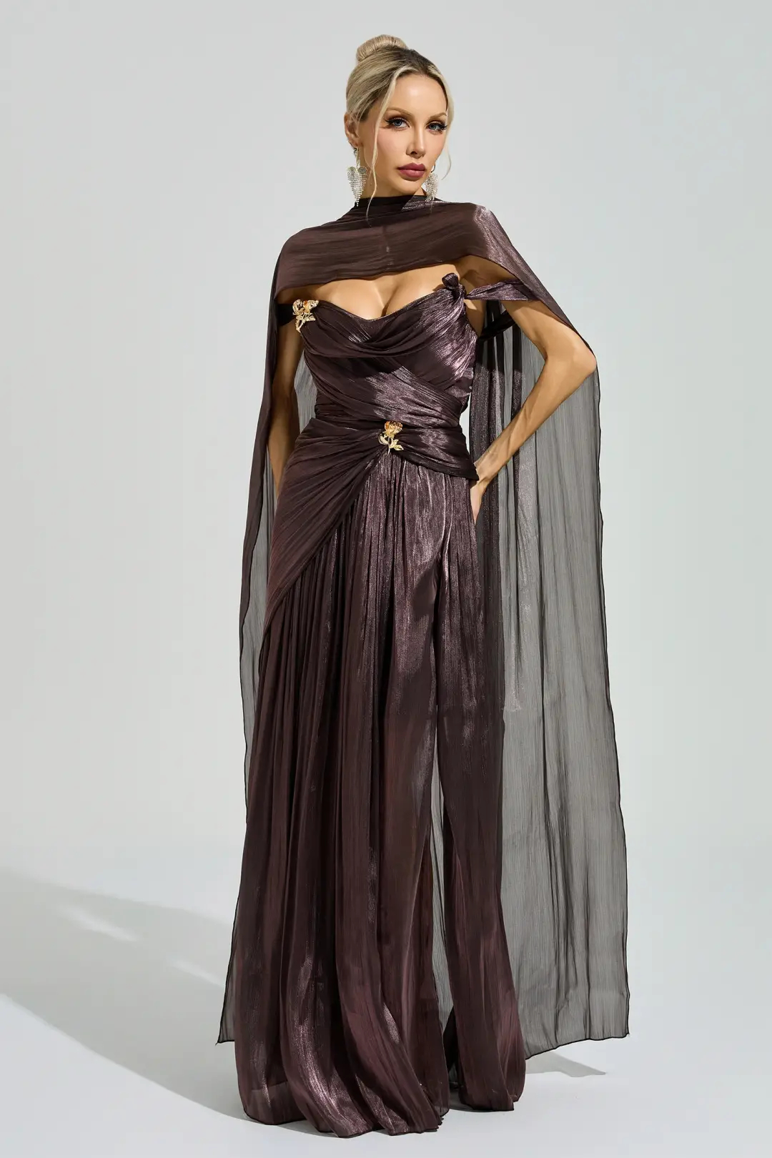 Metallic Brown Off Shoulder Floral Brooch Cape Pleated Maxi Dress