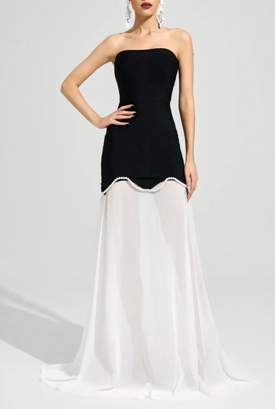 Black White Strapless Pearl Trim Chiffon Maxi Dress