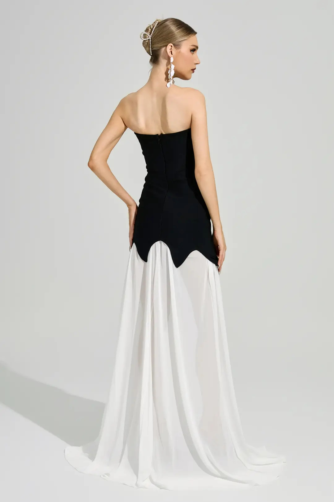 Black White Strapless Pearl Trim Chiffon Maxi Dress