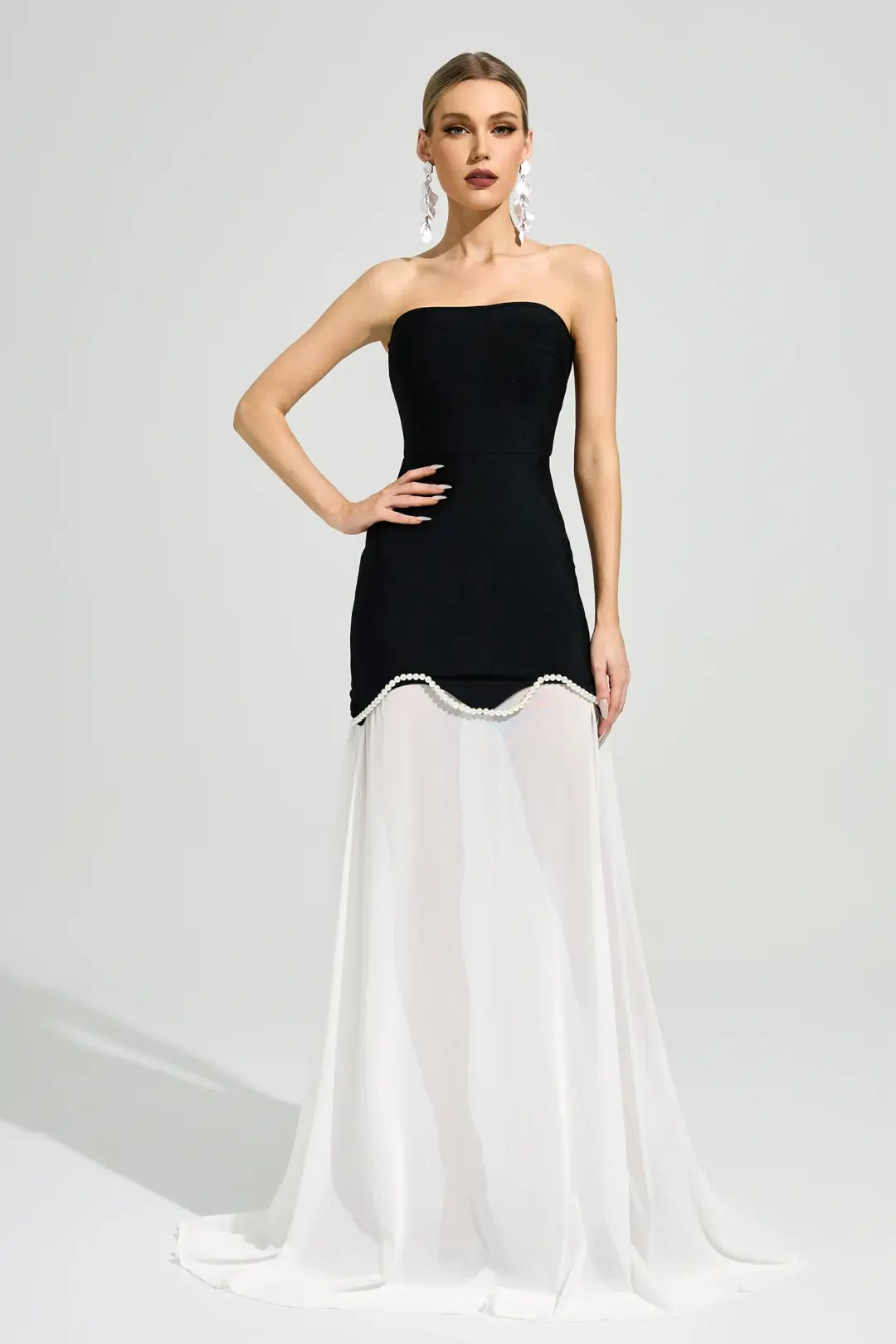 Black White Strapless Pearl Trim Chiffon Maxi Dress