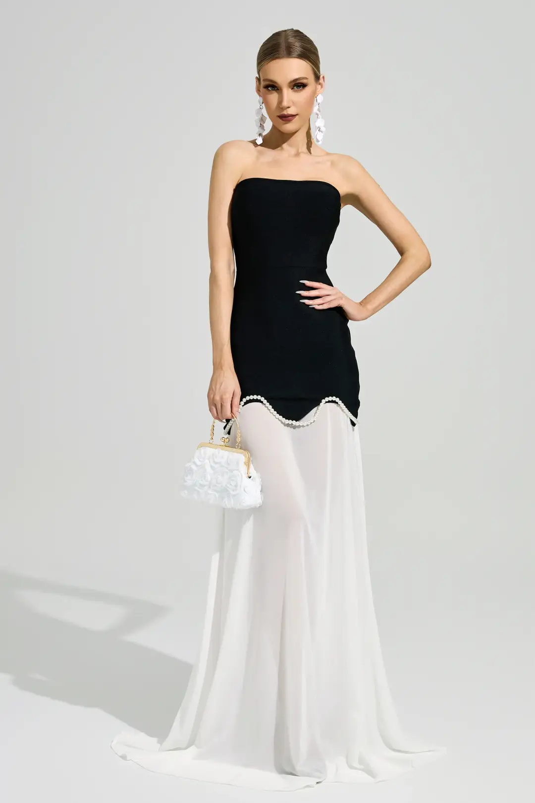 Black White Strapless Pearl Trim Chiffon Maxi Dress