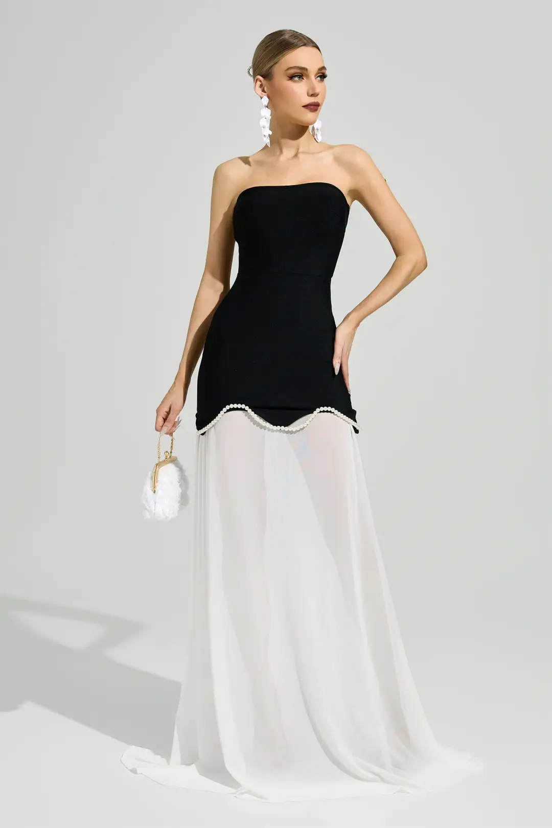 Black White Strapless Pearl Trim Chiffon Maxi Dress