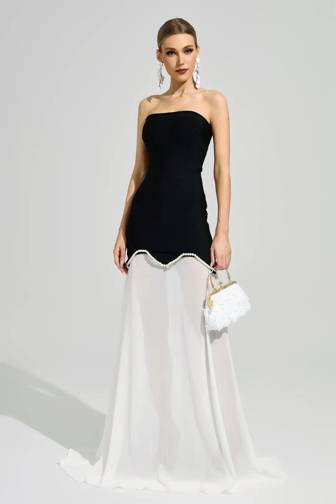 Black White Strapless Pearl Trim Chiffon Maxi Dress